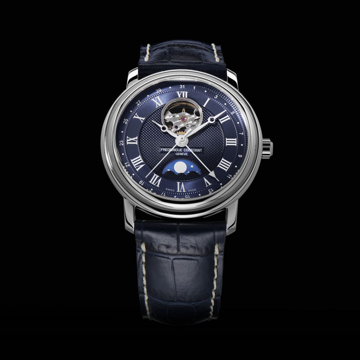 frederique constant hé lộ mẫu đồng hồ heart beat moonphase với mặt số xanh lam 